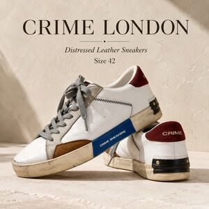 Crime London Distressed Leather Sneakers Size 42 White Burgundy Blue Luxury